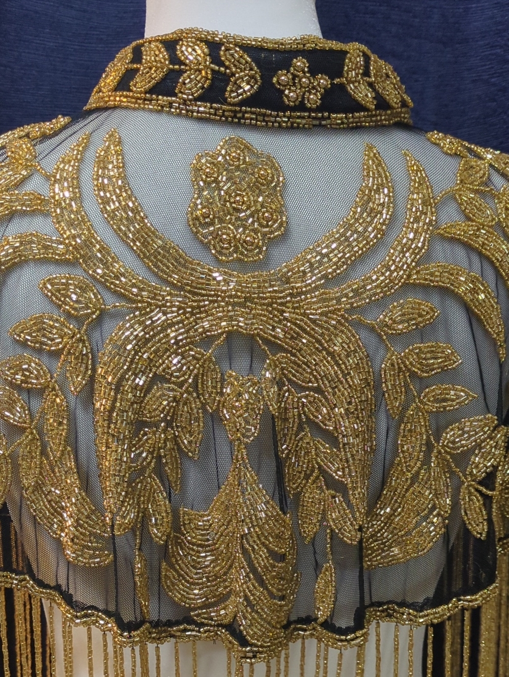 Black Gold Beaded Fringe Capelet Art Deco Gatsby Flapper Shawl - Picture 9 of 16